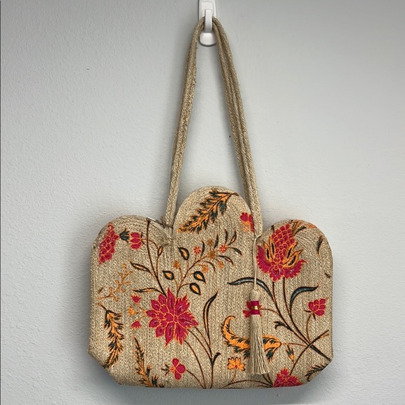 Antik Kraft Tan Floral 🌺 Shoulder Bag | 100% Jute | Magnetic Closure ✨ - Picture 1 of 11